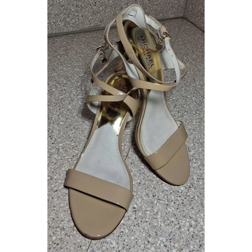 Michael Michael Kors Nude Patent Leather Strappy Stiletto Sandals Charm 7.5M